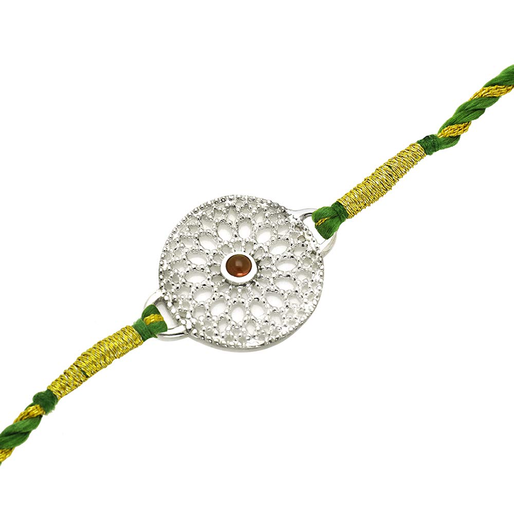 Reeva Designs Men's Studded Filigree Floral Silver Rakhi with Dori (White)