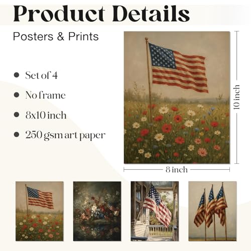 Image of WEFKODO Patriotic Decor Vintage Wall Art for Home Bathroom Bedroom, Vintage Retro America Flag Flower Wall Decor 4th of July Decorations Pictures Posters Prints 4Pcs, 8x10 Inch Unframed