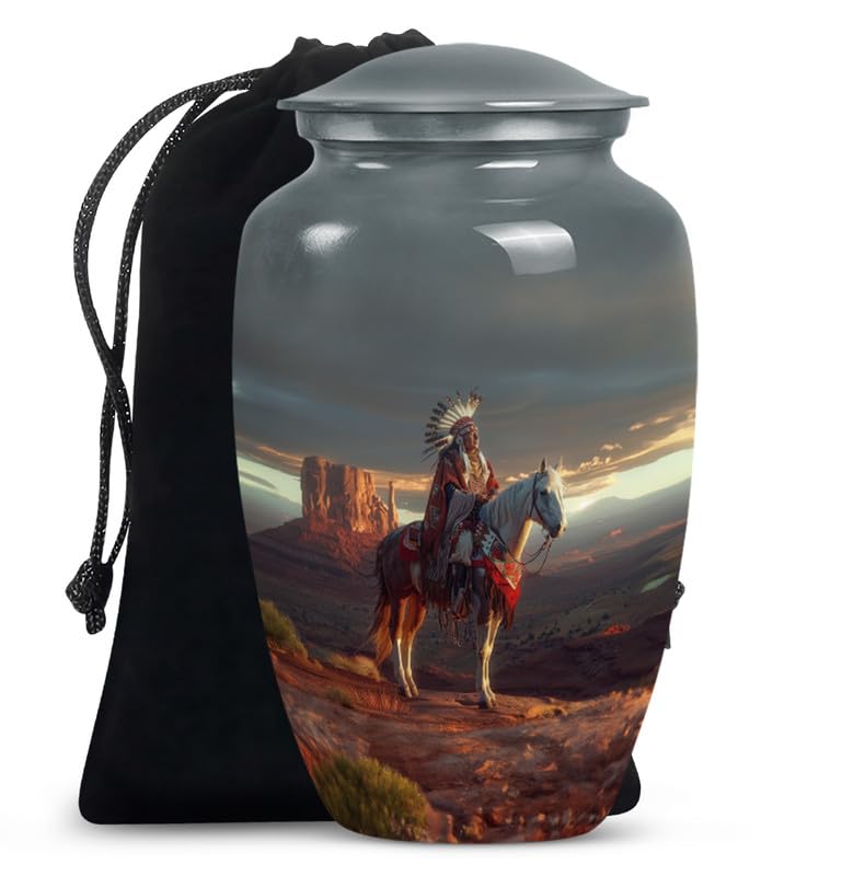 YATHABHISA Native American Urn For Human Ashes For Adult Male & Female, Funeral Decotative Urns, Large With Velvet Bag, Cremation Urn For Adult Men & Women, Memorial For Human Remains Mom & Dad