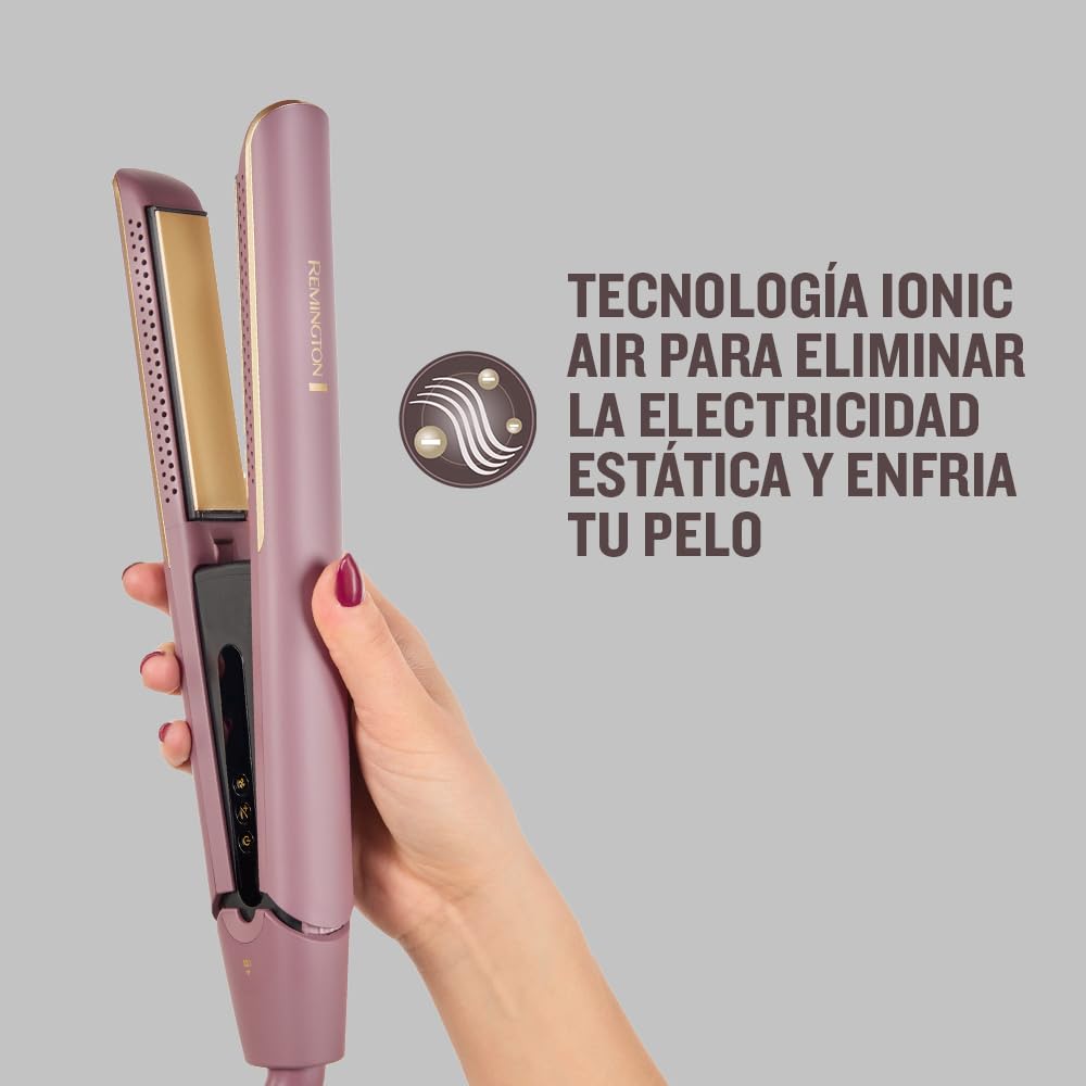 Remington plancha de pelo AIRvive con Aire Ionizado, tecnología Ionic Air antiencrespamiento, revestimiento cerámico ultrasuave con microacondicionadores (placas flotantes, digital, 150-230 °C) S8930