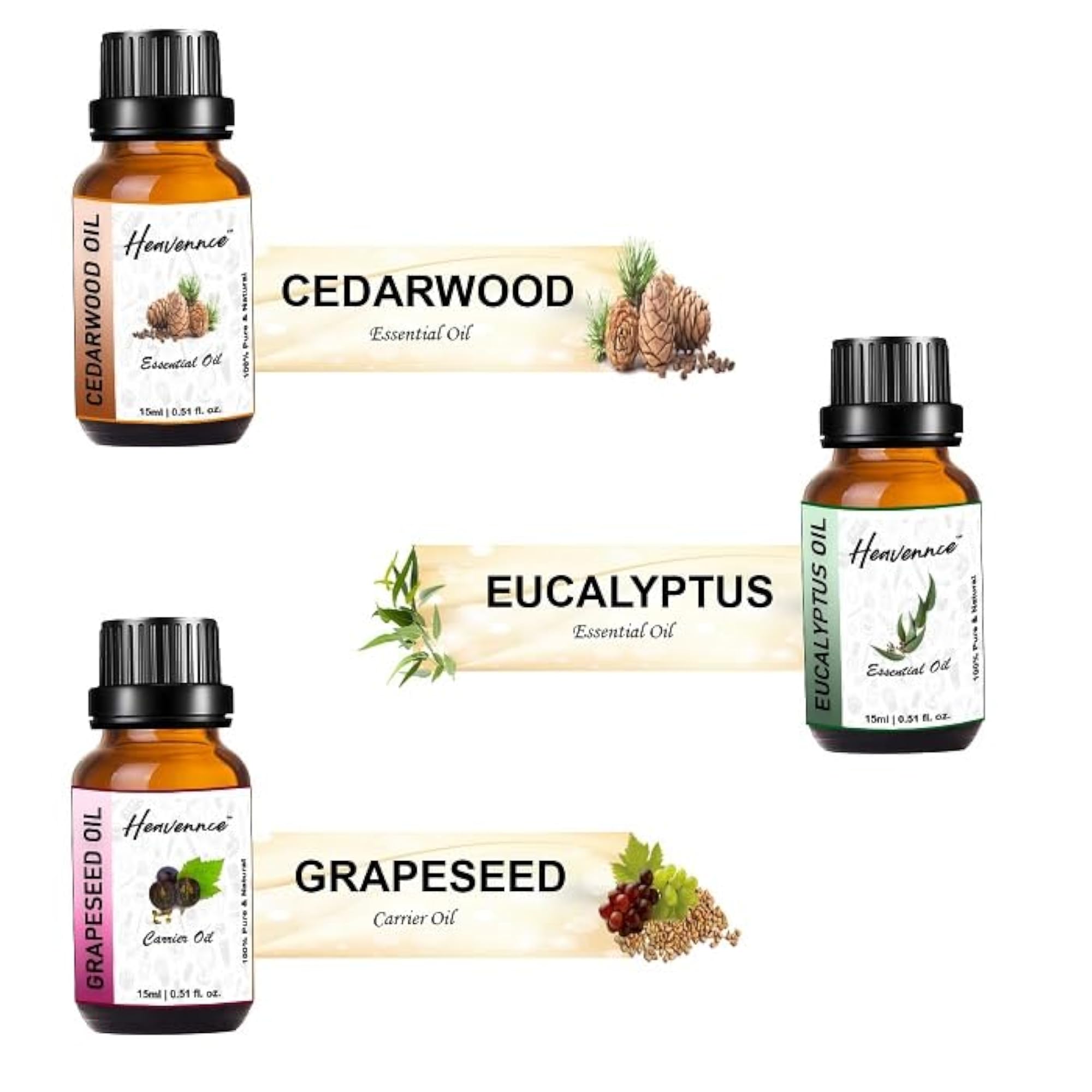 Cedarwood, Eucalyptus, Grapeseed Essential Oils Set for Diffuser