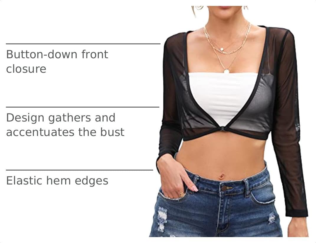 Women's Crop Top Long Sleeve Shrug Lace Short Blouse Shrug Sexy Lace Lining Cardigan Sheer Cover Up
