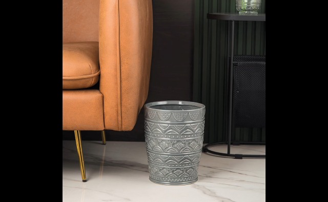 Image of Round Ceramic Small Trash Can Wastebasket, Garbage Container Bin for Bathrooms, Powder Rooms, Kitchens, Home Offices - Durable - Grey