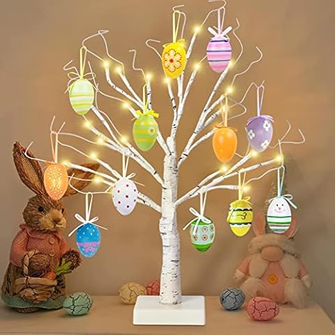 ZYP Easter LED Lighted Birch Tree with 12pcs Ornaments,Warm White LED Birch Tree Light with Tabletop Bonsai Tree,Pre-Lit White Birch Twig Tree Lights for Easter Decor Cover