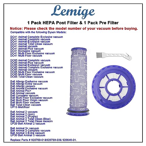 Lemige Vacuum Filters Replacement Parts for Dyson DC41 DC65 DC66 UP13 UP20 UP30 Animal, Multi Floor and Ball Animal 2 Aniaml 3 Vacuums, Part 920769-01&920640-01, 1 Pack Post Filter & 1 Pack Pre Filter