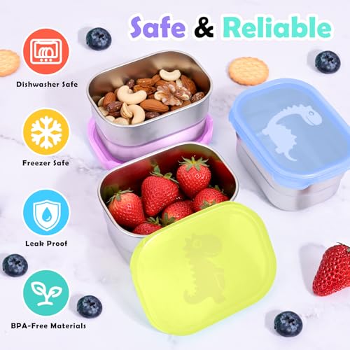 Image of Tanjiae 3x8oz Small Stainless Steel Snack Containers - 230mL Leakproof Food Containers with Cute Dino Lids | LFGB Certified, Stackable Metal Snack Box for Home, Office, Travel