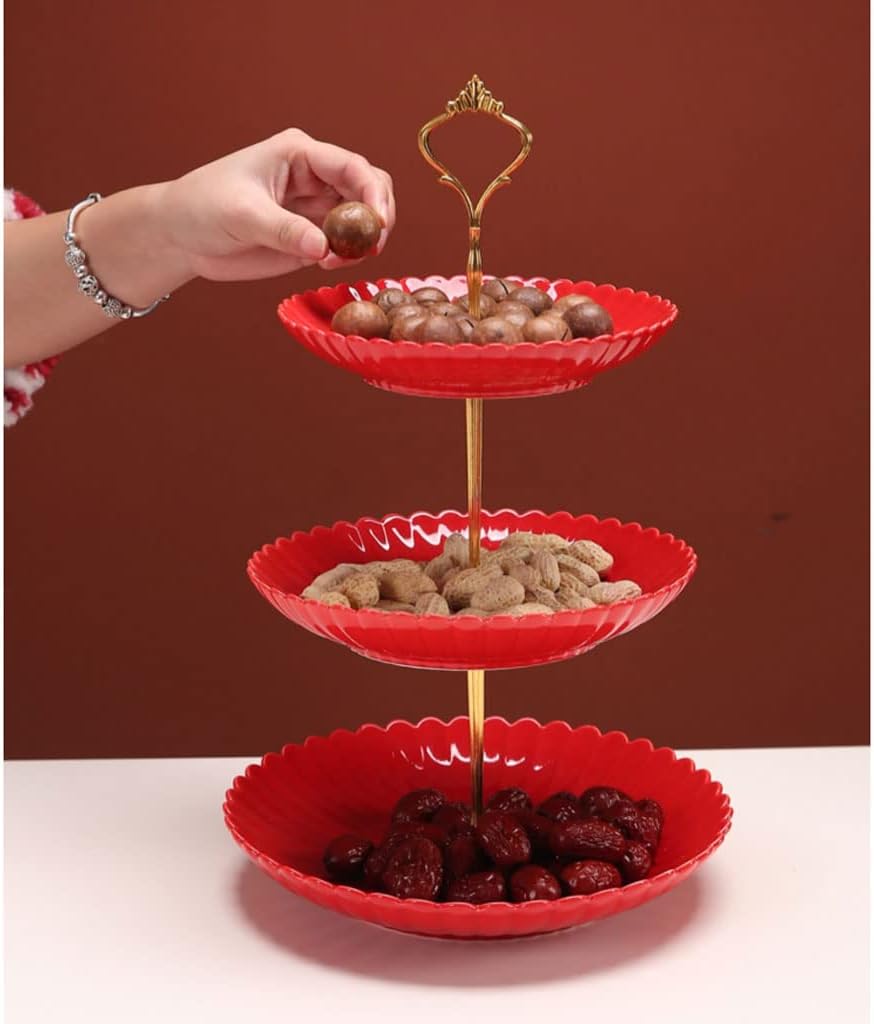 Tiered CupWedding Serving Tray Ceramic Dessert Display Plate Serving Platter Red Fruit Candy Display Tower for Birthday Tea Party Display Holder Platter