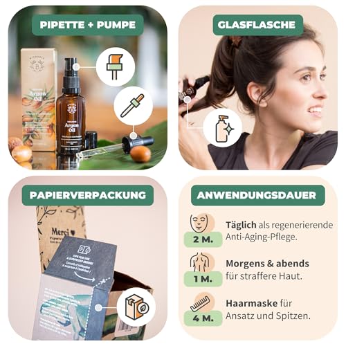 BIONOBLE Arganöl Bio Kaltgepresst in Marokko - Repariert, Nährt, Gegen Falten - Arganöl Haare, Gesicht, Haut - Argan Oil 100% Rein, Natürlich, Ohne Hexan - Glasflasche, Pipette, Pumpe - 50ml