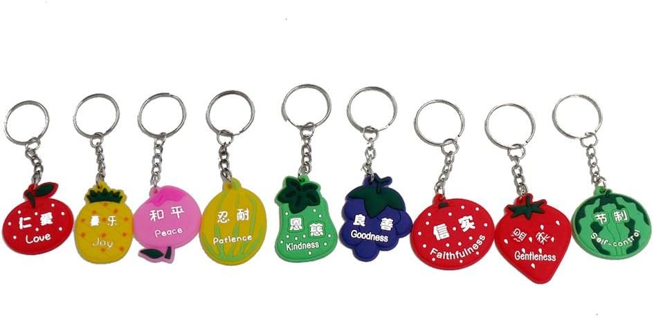LORJEChristian gifts the fruit of the Spirit,Lord's day school prizes Gospel of supplies Silicone scripture key Tags Chains(9pc)