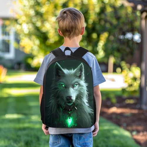 Wolf Backpack for Boys Kids, Cool White Wolf with Green Eyes School Bookbag for Kindergarten Elementary Middle High Students, Waterproof Cartoon Animal Backpacks Laptop Bags 17"4