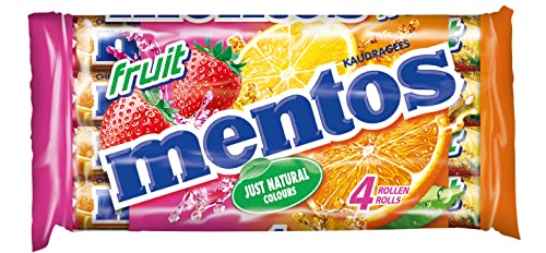Mentos - Pack de 4 Rouleaux Fruits - Bonbons Mentos Tendres et Croquants, 3 Goûts Assortis - Fraise, Orange, Citron - Rouleaux Classiques à Partager - Lot de 2 Packs