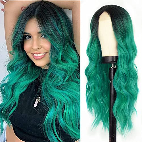 Lativ Long Wavy Wig Ombre Teal Wigs For Women Middle Part Curly Synthetic Hair Green Wigs for Women Natural Looking Heat Resistant Fiber For Daily Party Cosplay Use