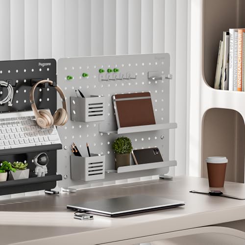 Image of PEGZONE Clamp on Desk Pegboard, 20.4 inch x 16.5 inch, with 15 Accessories, White | Magnetic Metal Peg Board, Desk Organizer for Office Gaming Home, Privacy Panel, Large