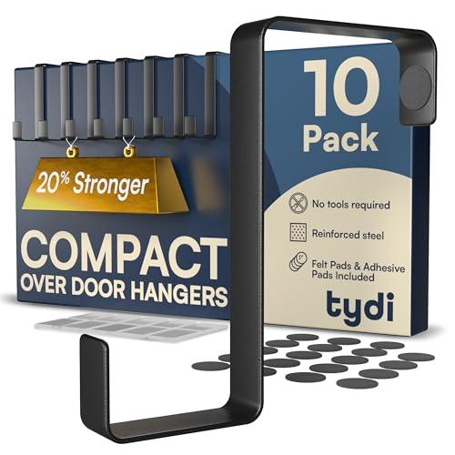Tydi Compact Over Door Hanger (10 Pack) Holds 6KG Reversible Fit for 3.6cm & 4.6cm Doors Thick Stainless Steel Over Door Hooks with Felt & Adhesive Pads Black
