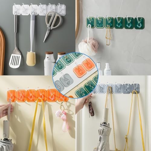 Image of Kitchen Row Hooks Self Adhesive Wall Hooks for Clothes & Utensils Waterproof Seamless Hanger No-Drill Heavy Duty Hooks for Kitchen Bathroom Cabinet Spoon Storage & Home Organization 1 Pack