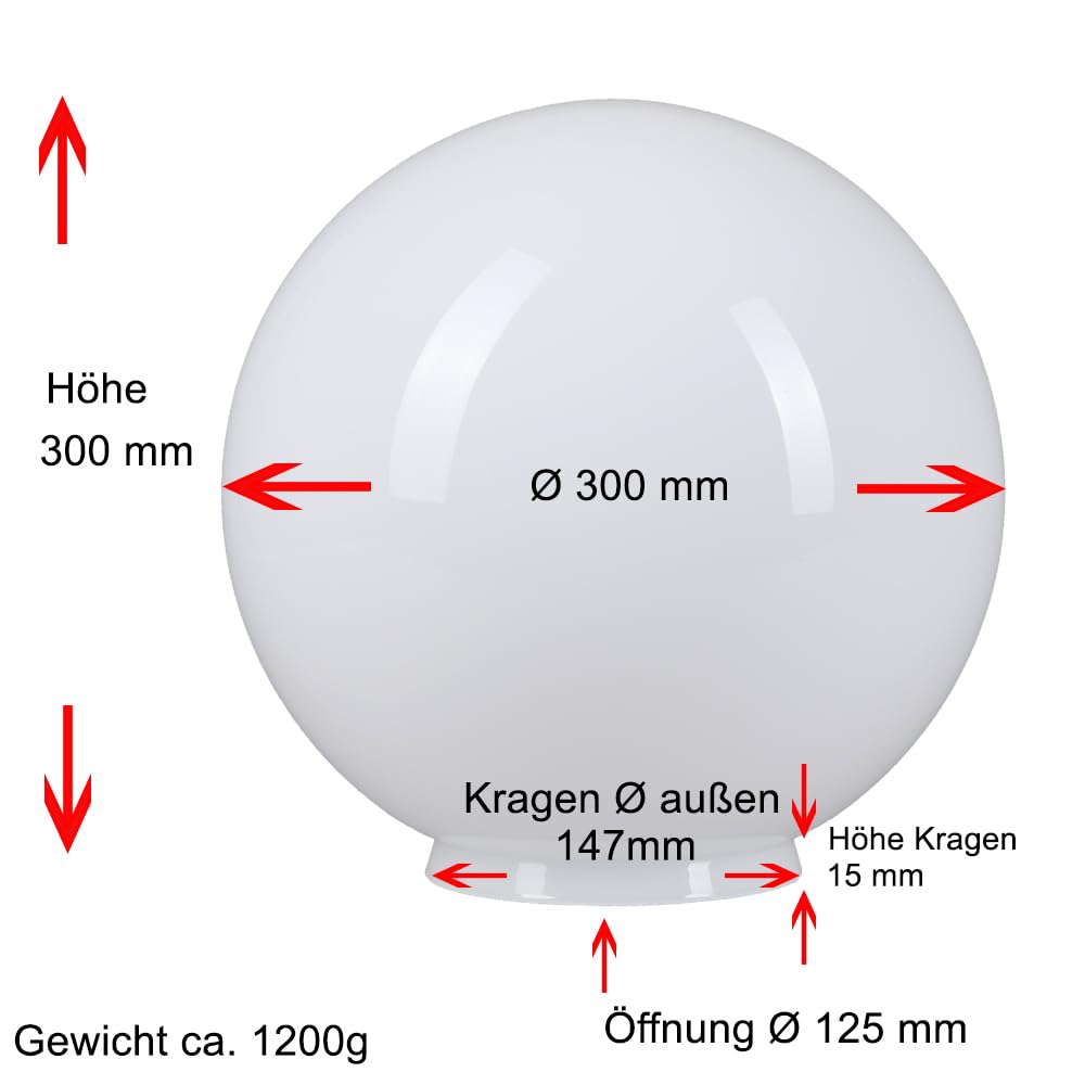 Kugelglas Weiß glänzend Ø 300mm Lampenglas Kragenrand Ersatzglas Leuchtenglas E27