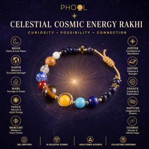 Image of Phool Celestial Cosmic Energy Rakhi for Brother | 9 Natural Stone Beads with Tiger Eye, Lapis Lazuli, Amazonite & Crystal Quartz | Spiritual Rakhi for Brother | Raksha Bandhan Gift