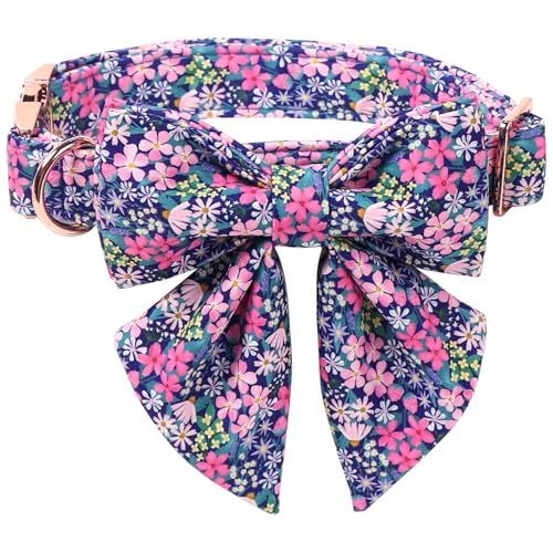 Lionet Paws Floral Dog Collar with Sailor Bow Spring Wildflowers Daisy Fleabane Dog Collar Bow Tie for Dogs Small Neck 10-16 inches