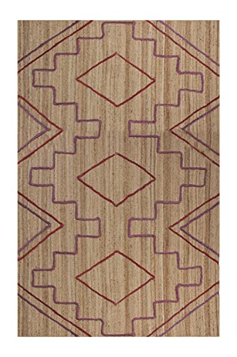 Tapis en jute naturelle résistant géométrique beige rouge pour salon