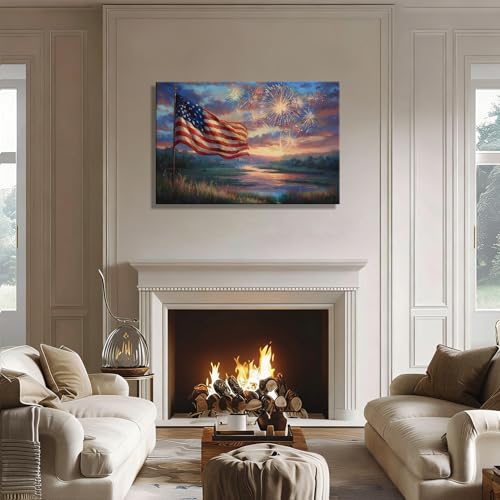 Image of RIBNTAK 4th of July Canvas Art - Vibrant American Flag & Fireworks, Patriotic Wall Art for Independence Day, Perfect for Living Room, Office, Holiday Decorations and Inspirational Artwork