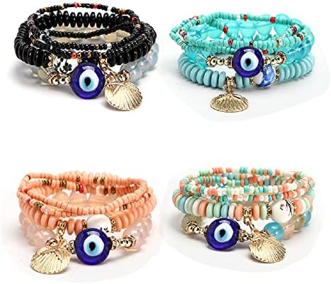 4 Sets Bohemian Stretch Beads Bracelets Multilayer Evil Eye Hamsa Hand Shell starfish ceramic beads Bracelet Boho Charms Stretch Stackable Bracelet Handmade Multicolor Crystal Beaded Lucky Protection Bangles Strand Bracelet Set/ 4 pcs