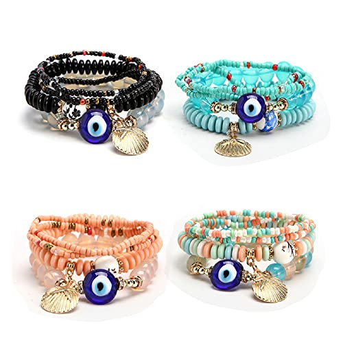 4 Sets Bohemian Stretch Beads Bracelets Multilayer Evil Eye Hamsa Hand Shell Starfish Ceramic Beads Bracelet Boho Charms Stretch Stackable Bracelet Handmade Multicolor Crystal Beaded Lucky Protection Bangles Strand Bracelet Set/ 4 Pcs #TOP10