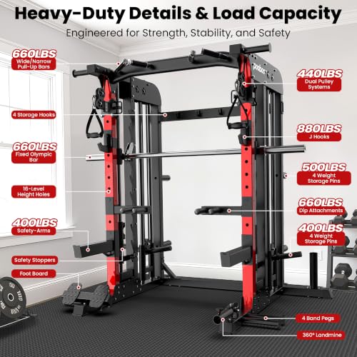 Image of pooboo Power Cage Smith Machine with 2000LB Squat Rack Cable System | LAT Pulldown and Dual Pulley Cable Crossover with All-in-One Home Gym Machine, Adjustable Stations and Training Attachments