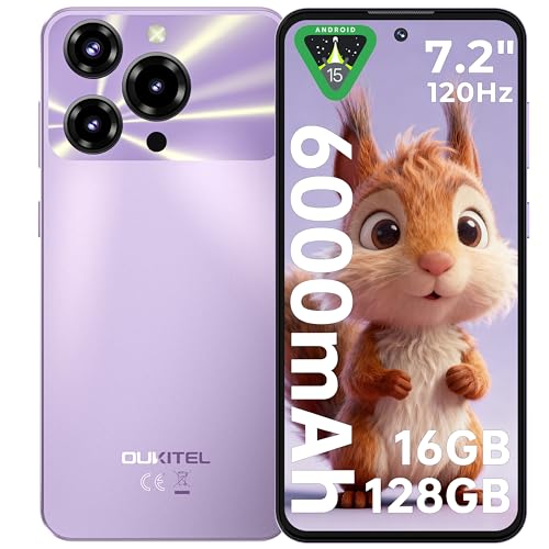 OUKITEL C69 Smartphone Android 15-7.2' HD+ 120Hz Schermo, 64MP+8MP Camera 6000mAh Telefono Cellulare, 16GB RAM+128GB ROM(TF 1TB) Cellulare 4G, Dual SIM Telefono/Face ID/Impronta digitale/OTG,Viola