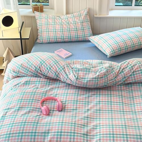 Image of LifeTB Queen Comforter Set Multi-Colored Gingham Comforter Modern Style Checkered Pattern Comforter Set Colorful Grid Plaid Bedding Comforter Fluffy Soft Lightweight Grid Bedding Set Breathable