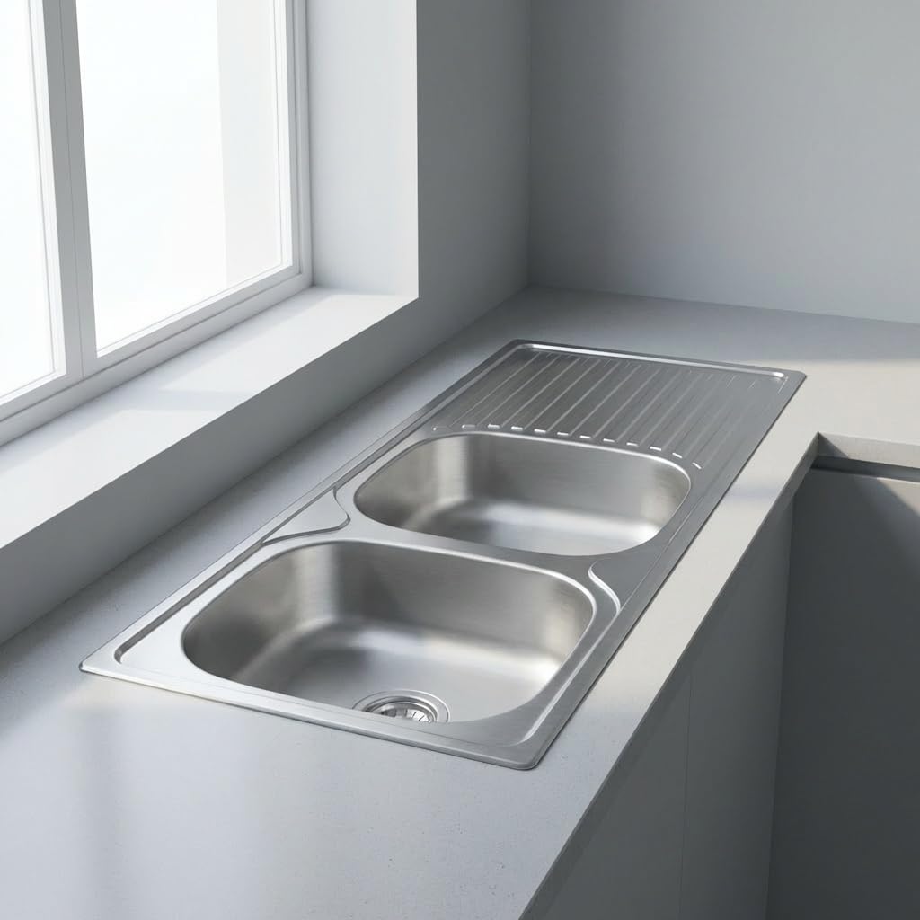 Évier de cuisine encastré en acier inoxydable avec 2 baignoires et égouttoir 116.5x50 cm finition inox - Telivo