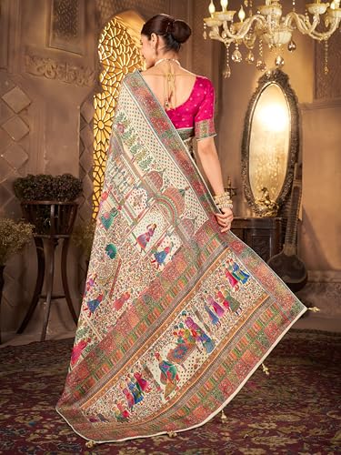 Image of Glory Sarees Women's Luxurious Dola Pure Silk Original Saree Position Print Work Madhubani Inspired Motifs Banarasi Kanjivaram Style Saree With Blouse Piece (Elegant101 Parent)