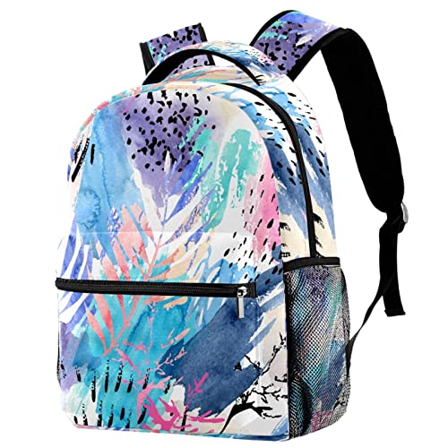 Sac à dos de voyage motif feuilles peintes à la main coloris rose et bleu