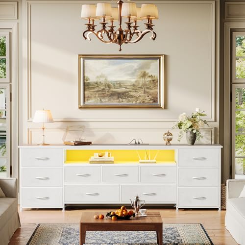 Huuger 70 Inch TV Stand for 75, 80 Inch TV, 11 Drawer Long Dresser with Power Outlets and LED Lights, Entertainment Center with Storage, White Dresser with PU Leather Surface