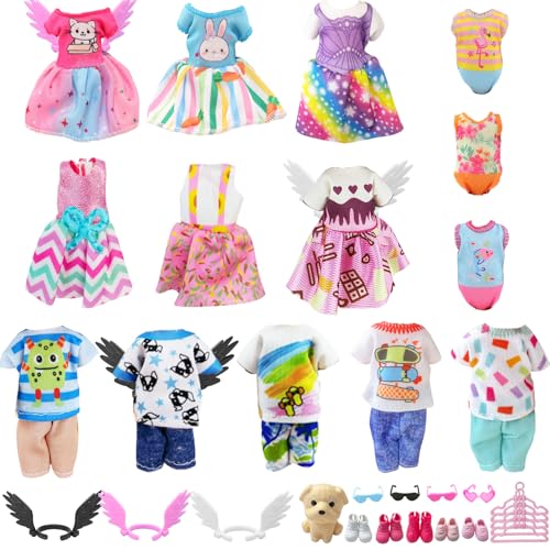 30 Pcs 6 Inch Doll Clothes and Accessories Include 6 Fshion Dresses 4 Outfits (Tops and Pants) 2 Swimsuit 5 Hangers 5 Shoes 4 Glasses 3 Wings and 1 Dog for 5.3-6 Inch Doll Birthday Present for Girls