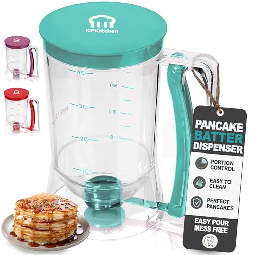 Pancake Batter Dispenser - Kitchen Must Have Tool for Perfect Pancakes, Cupcake, Waffle, Muffin Mix, Cake & Crepe - Easy Pour Baking Supply for Griddle - Pancake Maker with Measuring Label (Turquoise)