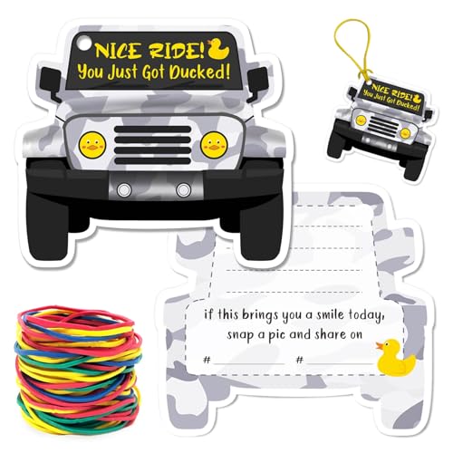 Artreeiger 50 Pack Duck Duck Tag Ducked Tags Duck Duck Cards Duck Duck Ducking Game Card Ducking Tag Car Shaped Duck Duck Tags with Round Hole and Rubber Bands