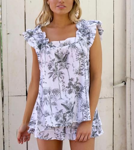Image of ROAONOCOMO Women Summer Floral Pajama Set Ruffle Trim Cami Top Coquette Pj Set Gingham Babydoll 2 Piece Shorts Outfit