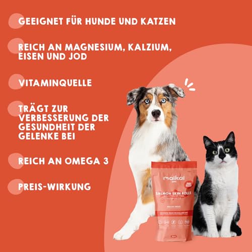 MAIKAI Packung 8 Geräucherte für Hunde Lachshautrollen - Getreidefrei Proteinreich Natürliche Hundeleckerli Kauknochen Alternative Trockenfisch Omega 3 Zahnpflege