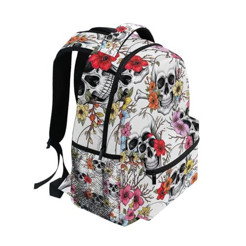 School Backpack for Girls, Kids Travel Backpack, Kids Back to School Supplies, Ideal for Ages 6–14, White Skull Colorful Flower2