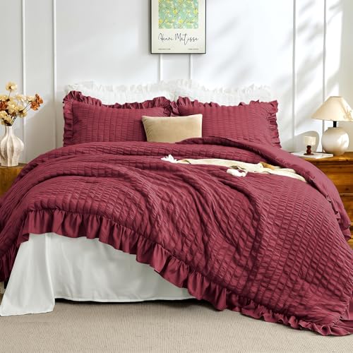 Image of JOLLYVOGUE King Size Comforter Set, 3 Pieces Burgundy Seersucker Comforters King Size, Lightweight & Fluffy Bedding Sets King for All Season with 1 Ruffle Comforter and 2 Ruffle Pillowshams