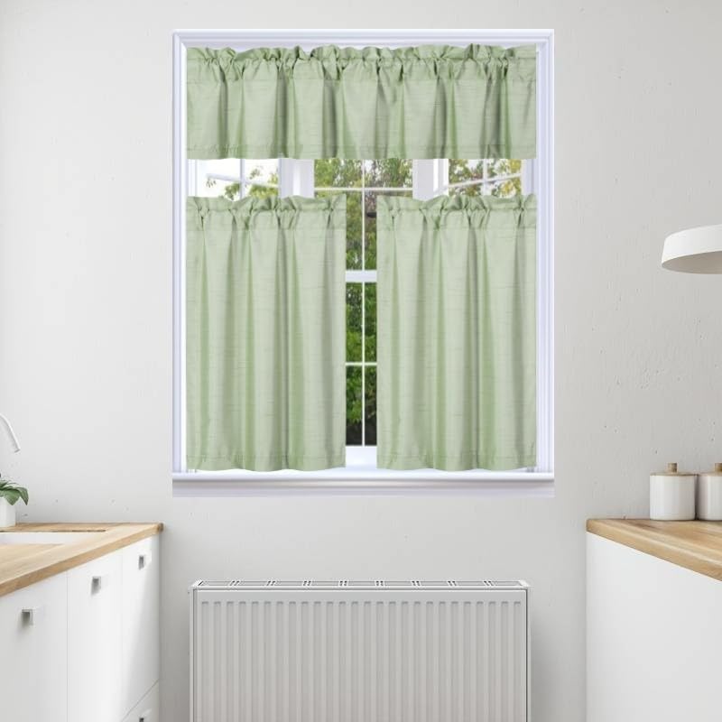 3Pc Set Solid Faux Silk Lined Blackout Rod Pocket Small Kitchen Window Curtain with Valance (K3) (SAGE Green)
