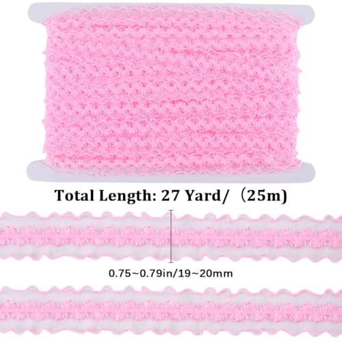 CABODYALS 25M Pink Pleated Elastic Lace Ribbon Ruffle Gauze Edge Wave Strentchy Floral Nylon Embroidered Ribbons for Sewing Making Gifts Wrapping Bridal Wedding Decorations Diy Crafts Supply - Image 2