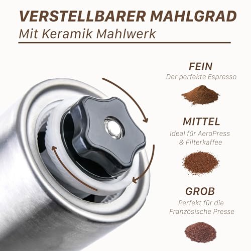 Foto von Henry Charles Manuelle Kaffeemühle mit Einstellbarem Mahlgrad - Kaffeemühle mit Keramikmahlwerk - Handkaffeemühle für frischen Espresso zu Hause, im Büro oder auf Reisen - Inklusive Tragetasche