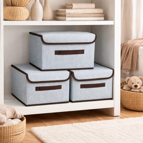 Image of DecorTwist Foldable Storage Box with Lid | Set of 3 (1 Large + 2 Small) | Non-Woven Fabric Wardrobe Organiser for Clothes, Toys, Blankets & Books | Collapsible Closet Shelf Organizer | Grey