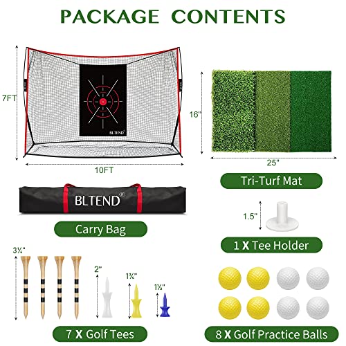 Bltend Heavy Duty 10X7Ft All In 1 Golf Practice Hitting Net With Tri Turf Golf Mat + 15Mm Artificial Turf Golf Hitting Mats #TOP4
