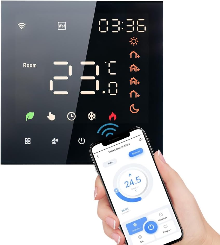 Smart Thermostat,Smart Thermostat Voice Control 3A Digital Programmable LCD Display Touchscreen Underfloor Heating Temperature Controller Digital Intelligent Wall Thermostat for Water Heating Compatib