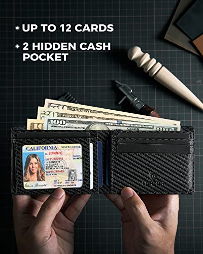 Wallet for Men for Apple AirTag, Genuine Leather Carbon Fiber Mens AirTag Wallet with AirTag Holder, RFID Blocking Minimalist Air Tag Wallet with ID Window up to 12 Cards Gifts for Men3