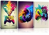 Framed 3 Piece Game Room Decorative Wall Art Color Video Game Handle Earphone Graffiti Theme Poster Neon Light Poster Print Picture Children Youth Art Game Machine Boys Bedroom Home 12 x16 inch Ready to Hang