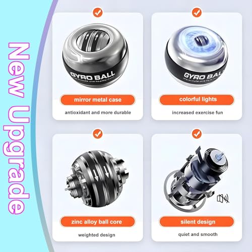 Image of Auto-Start Gyro Wrist Strengthener Ball for Grip, Forearm, Finger Exercise, Hand, Injury Recovery, Fitness Training & Muscle Building (Bag, Platinum Core, Lights, Metal Shell, Silver)