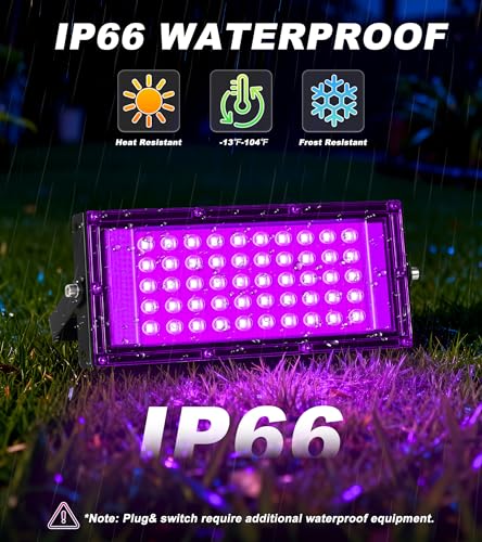 Image of TigQiang 50W 2 Pack LED Black Light IP66 Waterproof,Outdoor Blacklight Flood Light with Plug Switch Cord, for Halloween, Neon Glow in The Dark Party, Body Paint, Fluorescent Poster, Classroom Party